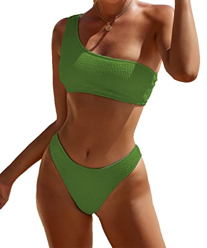 Yimisan Damen-Bikini-Set mit geripptem Oberteil und einem Träger, niedrige Taille, zweiteiliger Badeanzug, Grün 1, Medium von YIMISAN