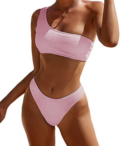 YIMISAN Damen-Bikini-Set aus geripptem Stoff, einschultriges Oberteil, niedrige Taille, Zweiteiliger Badeanzug, Helles Pink, Medium von YIMISAN