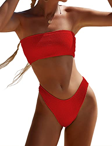 YIMISAN Damen Zweiteiliger Bandeau-Badeanzug, gerippt, trägerlos, Schlauch-Bikinioberteil mit mittlerer Taille, frecher Unterteil, Badeanzug, Rot/Ausflug, einfarbig (Getaway Solids), XS von YIMISAN