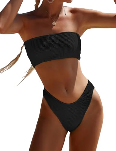 YIMISAN Damen Zweiteiliger Bandeau Badeanzug Geripptes trägerloses Schlauch-Bikinioberteil mit mittlerer Taille Freche Unterseite Badeanzug, Schwarz, Large von YIMISAN