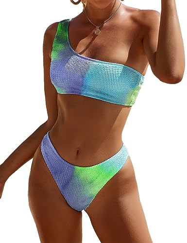 YIMISAN Damen-Bikini-Set aus geripptem Stoff, einschultriges Oberteil, niedrige Taille, zweiteiliger Badeanzug, Bindefarbe 1, Large von YIMISAN