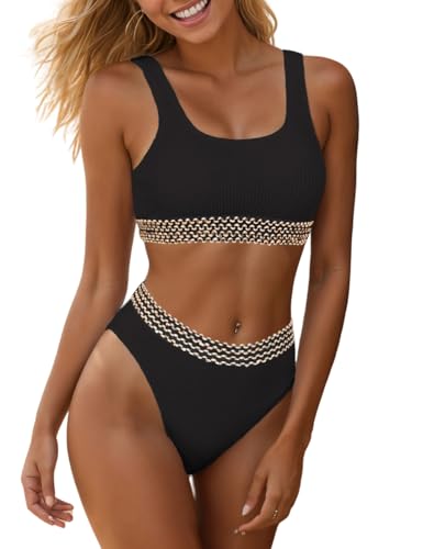 YIMISAN Geripptes zweiteiliges Bikini-Set für Damen, breiter Schultergurt, Badeanzug mit mittlerer Taille, frecher Badeanzug, Schwarz-goldenes Band, Medium von YIMISAN