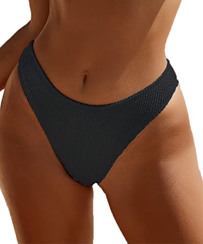 YMISAN Damen Bikini Badehose Schwimmhose Slip Gerippt Hoher Schnitt Mittlere Taille Freche Badeanzug Badesachen Unterteil, Schwarz, S von YIMISAN