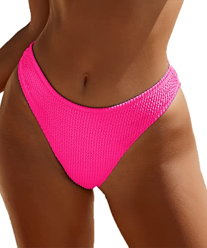 YMISAN Damen Bikini Badehose Slip Gerippt Hoher Schnitt Mittlere Taille Freche Badeanzug Unterteil, Knallpink (Hot Pink), Large von YIMISAN