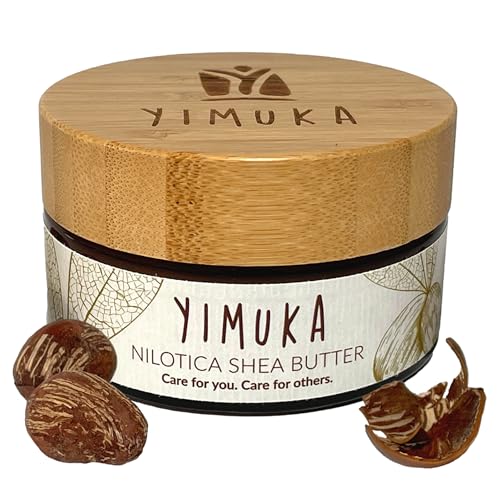 YIMUKA Nilotica Sheabutter im 100ml Glastiegel – Perfekt als Handcreme, Tattoo Creme, Narbensalbe – Für Gesichtspflege, Lippenpflege – Unraffiniert, Bio, Vegan, Kaltgepresst, Vitamin E & Fair Trade von YIMUKA