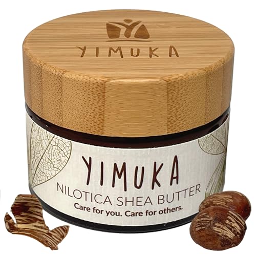 YIMUKA Nilotica Sheabutter im 50ml Glastiegel – Perfekt als Handcreme, Tattoo Creme, Narbensalbe – Für Gesichtspflege, Lippenpflege – Unraffiniert, Bio, Vegan, Kaltgepresst, Vitamin E & Fair Trade von YIMUKA