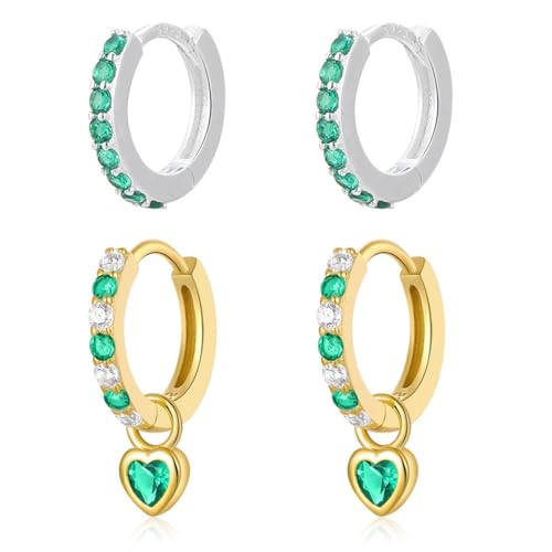 YIMMUNZ 2 Paar Damenohrringe, herzförmige Ohrringe, silberne Ohrringe, grüne Ohrringe, Ohrringe Herz Hängend Hypoallergen, Ohrringe Set für Mehrere Piercings von YIMVUNZ