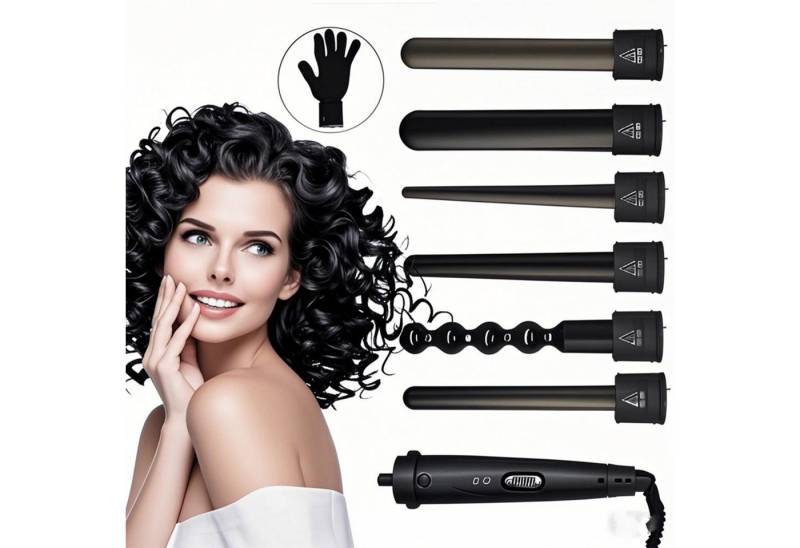 YINDN Lockenstab, 6 in 1 Lockenstäbe mit 2 Temperaturen, 190℃/210℃ Lockenwickler Set mit 6 Austauschbare Stäben, Keramikbeschichtung Haarlockenstab, für Lockenstyling, Hochzeit, Party von YINDN