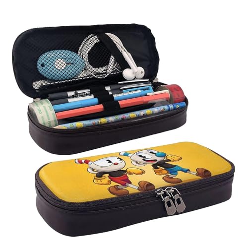 YINGD Cuphead Federmäppchen, braunes Leder, Stiftetasche, Schüler-Schreibwaren-Beutel, Organizer, Schule, Bürobedarf, Schwarz , 21x10.5x5cm, Taschen-Organizer von YINGD