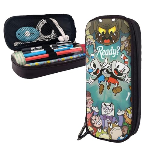 YINGD Cuphead Federmäppchen, braunes Leder, Stiftetasche, Schüler-Schreibwaren-Beutel, Organizer, Schule, Bürobedarf von YINGD