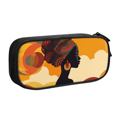 YINGD Federmäppchen mit großem Fassungsvermögen, anmutiges afrikanisches Frauen-Muster, Federmäppchen, 2 Fächer, Federmäppchen, Schwarz , 21x10.5x5cm, Taschen-Organizer von YINGD