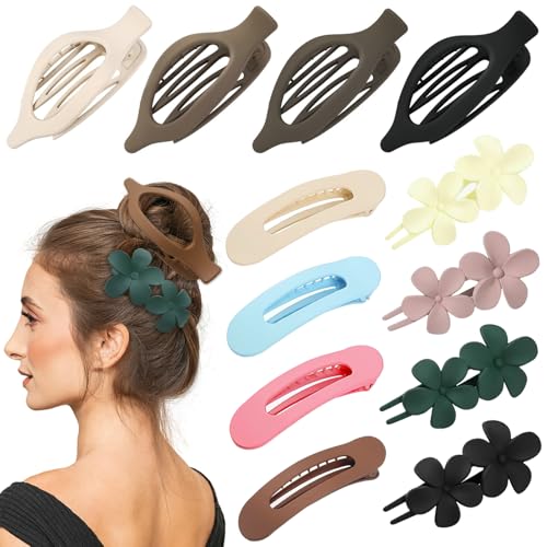 12 Stück Flache Haarspangen, YINGFENG Flache Klaue Clip für Frauen, Matte rutschfeste Blume Klaue Clips für dünnes dickes Haar, geeignet für Frauen und Mädchen Hochzeit Party Zubehör von YINGFENG