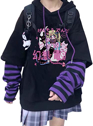 YINGKE Damen Anime Kapuzenpullover Japan Kawaii Hoodie E-Girl Streetwear Mädchen Y2K Gothic Sweatshirt Pullover (L, Black Purple B) von YINGKE
