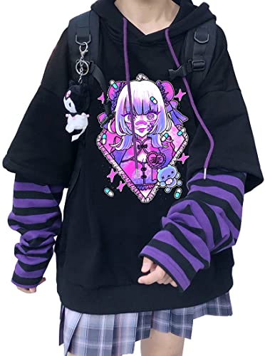 YINGKE Damen Anime Kapuzenpullover Japan Kawaii Hoodie E-Girl Streetwear Mädchen Y2K Gothic Sweatshirt Pullover (L, Black Purple J) von YINGKE
