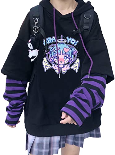 YINGKE Damen Anime Kapuzenpullover Japan Kawaii Hoodie E-Girl Streetwear Mädchen Y2K Gothic Sweatshirt Pullover (L, Black Purple K) von YINGKE