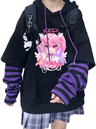 YINGKE Damen Anime Kapuzenpullover Japan Kawaii Hoodie E-Girl Streetwear Mädchen Y2K Gothic Sweatshirt Pullover (M, Black Purple I) von YINGKE