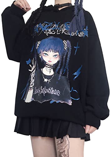 YINGKE Damen Anime Kapuzenpullover Japan Kawaii Hoodie E-Girl Streetwear Mädchen Y2K Gothic Sweatshirt Pullover (M, C Schwarz) von YINGKE