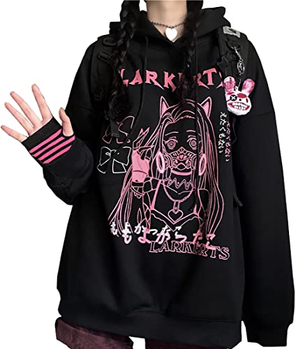 YINGKE Damen Anime Kapuzenpullover Japan Kawaii Hoodie E-Girl Streetwear Mädchen Y2K Gothic Sweatshirt Pullover (M, E Schwarz) von YINGKE