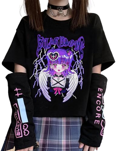 YINGKE Damen Anime Manga Sweatshirt Kawaii Mädchen Gótica Y2K E-Girl Japanischen Harajuku T-Shirt(S,BlackFlügel) von YINGKE