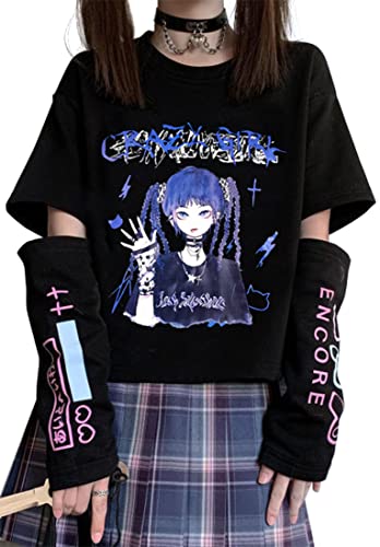 YINGKE Damen Anime Manga Sweatshirt Kawaii Mädchen Gótica Y2K E-Girl Japanischen Harajuku T-Shirt (2XL, Black Mädchen) von YINGKE