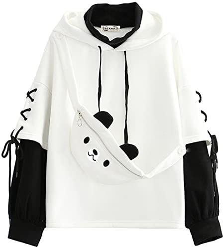 YINGKE Damen Bär Anime Kapuzenpullover Crewneck Sweatshirt Mädchen Japan Kawaii Hoodie Harajuku Pullover Kpop Streetwear (S, Weiß) von YINGKE
