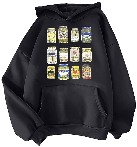 YINGKE Damen Bedruckter Hoodie mit Niedlichem Dosenmuster Y2K Harajuku Style Streetwear Kawaii Unisex Teenager Hoodie (3XL,Schwarz) von YINGKE