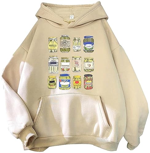 YINGKE Damen Bedruckter Hoodie mit Niedlichem Dosenmuster Y2K Harajuku Style Streetwear Kawaii Unisex Teenager Hoodie (S,Beige) von YINGKE