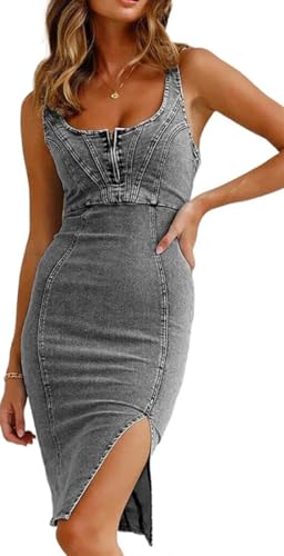 YINGKE Damen Casual Sexy Denim Kleid U Neck Neckholder Kleid Strandkleid Ärmellos Denim Sexy Slim Korsett Bustier Kleid mit Trägern(M, Grau) von YINGKE