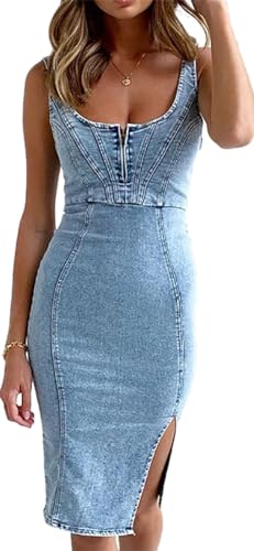 YINGKE Damen Casual Sexy Denim Kleid U Neck Neckholder Kleid Strandkleid Ärmellos Denim Sexy Slim Korsett Bustier Kleid mit Trägern(S, Hellblau) von YINGKE