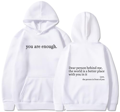 YINGKE Damen Dear Person Behind Me Kapuzenpullover You Are Enough Herbst Winter Y2K Harajuku Stil Streetwear Hoodie(2XL,Weiß) von YINGKE