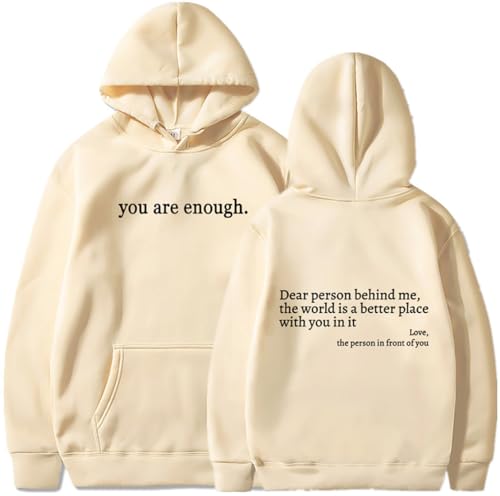 YINGKE Damen Dear Person Behind Me Kapuzenpullover You Are Enough Herbst Winter Y2K Harajuku Stil Streetwear Hoodie(S,Beige) von YINGKE