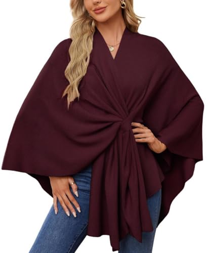 YINGKE Damen Herbst-Winter Freizeit Stola Pullover Jacke Stola Schal Weicher Eleganter Umhang Strickpullover (Dunkelrot) von YINGKE