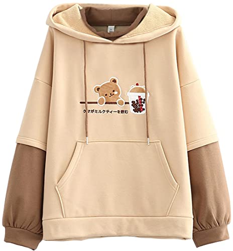 YINGKE Damen Hoodie Kawaii Harajuku Stil Japanischer Bär Stickerei Druck Langarm Hoodie Mädchen Damen Pullover(2XL,Beige) von YINGKE