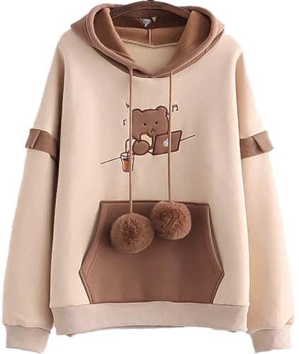 YINGKE Damen Hoodie Kawaii Harajuku Stil Japanischer Bär Stickerei Druck Langarm Hoodie Mädchen Damen Pullover(2XL,Beigeball) von YINGKE