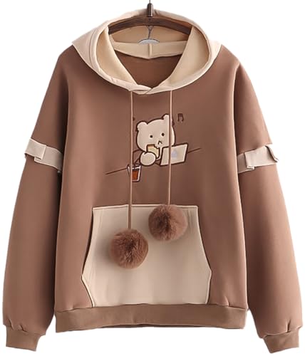 YINGKE Damen Hoodie Kawaii Harajuku Stil Japanischer Bär Stickerei Druck Langarm Hoodie Mädchen Damen Pullover(M,Braunball) von YINGKE