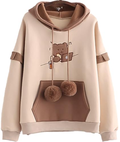 YINGKE Damen Hoodie Kawaii Harajuku Stil Japanischer Bär Stickerei Druck Langarm Hoodie Mädchen Damen Pullover(XS,Beigeball) von YINGKE