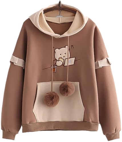 YINGKE Damen Hoodie Kawaii Harajuku Stil Japanischer Bär Stickerei Druck Langarm Hoodie Mädchen Damen Pullover(XS,Braunball) von YINGKE