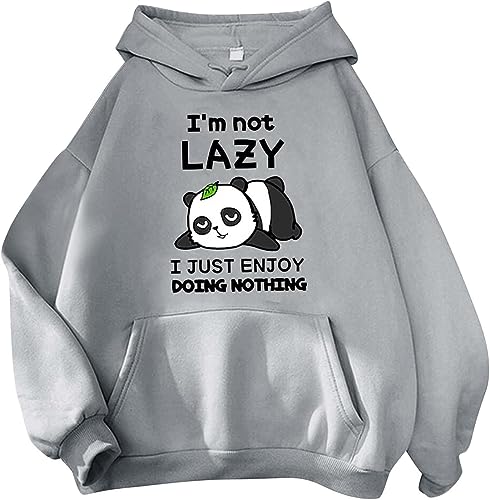 YINGKE Damen Kawaii Casual Cartoon Print Hoodie Y2K Harajuku Stil Halloween Niedliches Mädchen Damen Hoodie(L,Grau Panda) von YINGKE