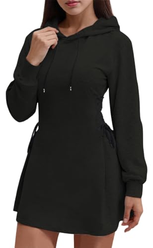 YINGKE Damen Langarm Kapuzenpullover Y2K Herbst Winter Pullover Elegantes PulloverKleid(M,Schwarz) von YINGKE