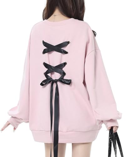 YINGKE Damen Mit Rundhalsausschnitt und Herzdruck Harajuku Style Japanese Kawaii Y2K Rücken Krawatte Personalisierte Sweatshirt Pullover Locker Casual Oberteil Oversize Tops(3XL,Rosa) von YINGKE