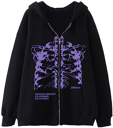 YINGKE Damen Sweatshirt Y2K Harajuku Stil Totenkopf Fashion Print Retro Drawstring Fashion Zip Hoodie mit Taschen(2XL,1 SchwarzesskelettA) von YINGKE