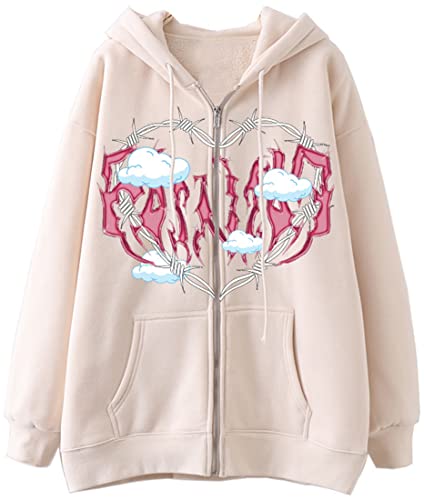 YINGKE Damen Sweatshirt Y2K Harajuku Stil Totenkopf Fashion Print Retro Drawstring Fashion Zip Hoodie mit Taschen(2XL,Beige) von YINGKE