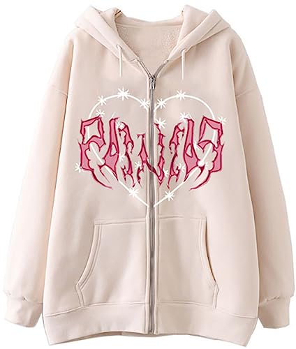 YINGKE Damen Sweatshirt Y2K Harajuku Stil Totenkopf Fashion Print Retro Drawstring Fashion Zip Hoodie mit Taschen(L,BeigeA) von YINGKE