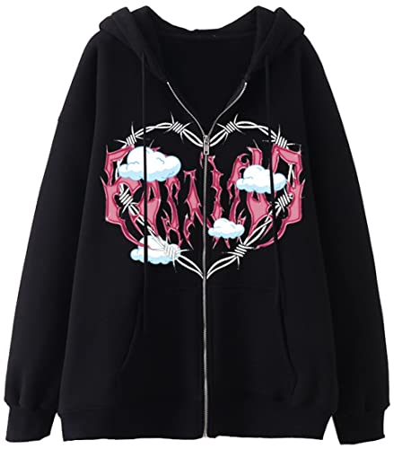 YINGKE Damen Sweatshirt Y2K Harajuku Stil Totenkopf Fashion Print Retro Drawstring Fashion Zip Hoodie mit Taschen(L,Schwarz) von YINGKE