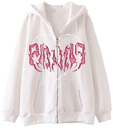 YINGKE Damen Sweatshirt Y2K Harajuku Stil Totenkopf Fashion Print Retro Drawstring Fashion Zip Hoodie mit Taschen(M,WeißA) von YINGKE