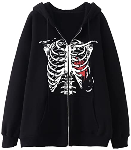 YINGKE Damen Sweatshirt Y2K Harajuku Stil Totenkopf Fashion Print Retro Drawstring Fashion Zip Hoodie mit Taschen(S,SchwarzesSkelett) von YINGKE