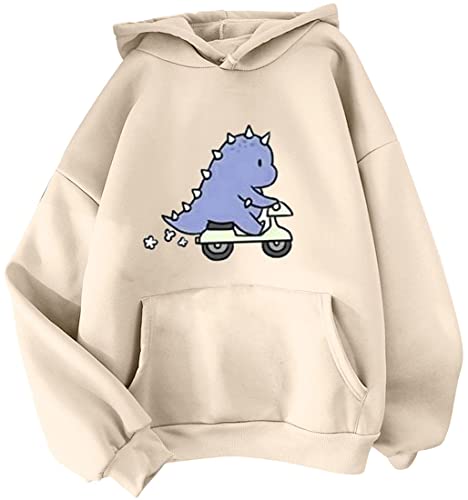 YINGKE Damen Teenager Kawaii Soft Hoodie Niedliche Dinosaurier Anime Print Lange Ärmel Herbst Winter Sweatshirt Mädchen Sweatshirt(2XL,BeigeBike) von YINGKE