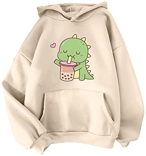 YINGKE Damen Teenager Kawaii Soft Hoodie Niedliche Dinosaurier Anime Print Lange Ärmel Herbst Winter Sweatshirt Mädchen Sweatshirt(2XL,BeigeMilktea) von YINGKE