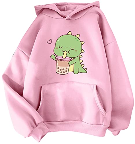 YINGKE Damen Teenager Kawaii Soft Hoodie Niedliche Dinosaurier Anime Print Lange Ärmel Herbst Winter Sweatshirt Mädchen Sweatshirt(2XL,RosaMilktea) von YINGKE