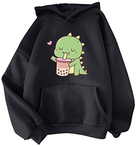 YINGKE Damen Teenager Kawaii Soft Hoodie Niedliche Dinosaurier Anime Print Lange Ärmel Herbst Winter Sweatshirt Mädchen Sweatshirt(2XL,SchwarzMilktea) von YINGKE